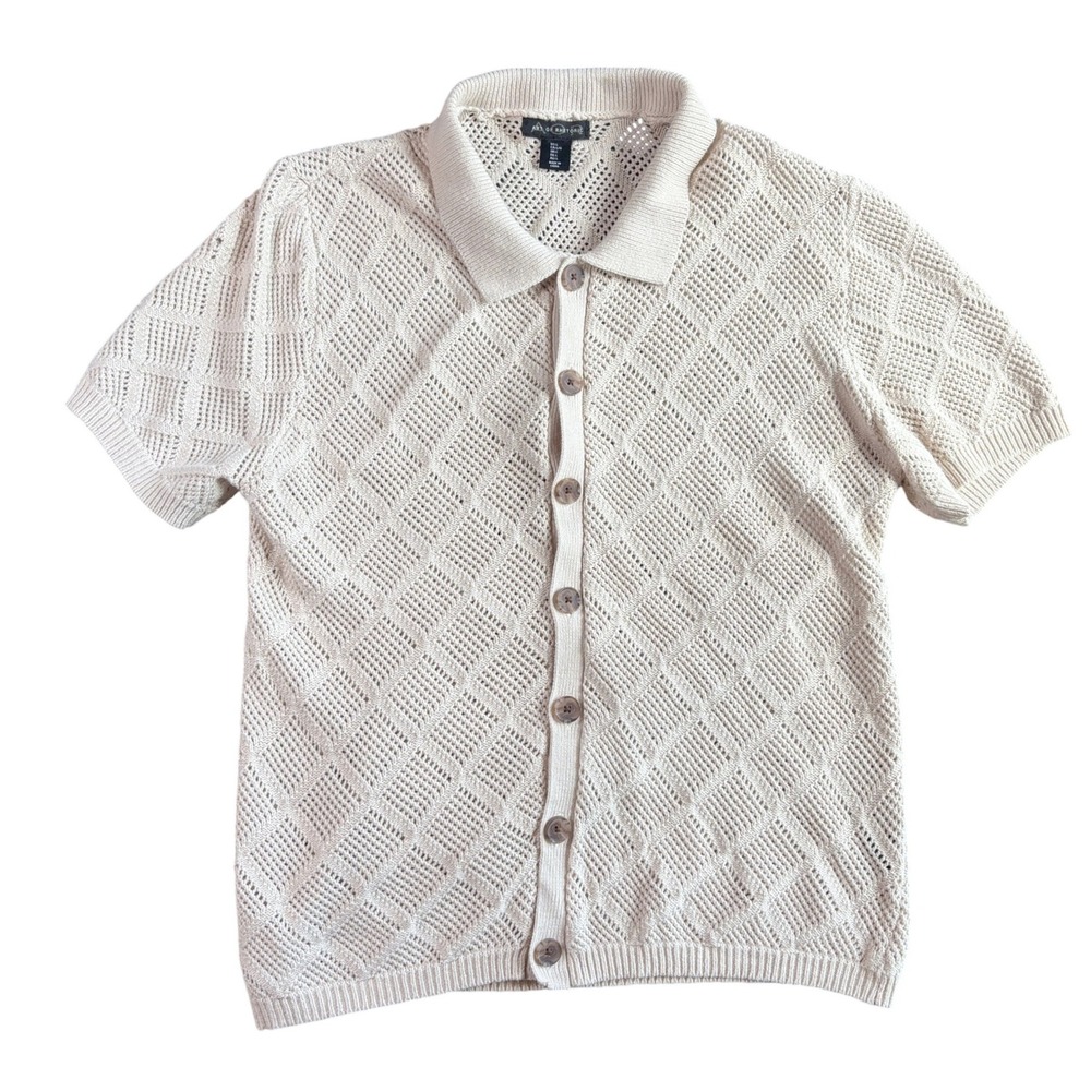 Art of Rhetoric Mens Knit‎ Button Up Shirt Crochet Pointelle Large Beige